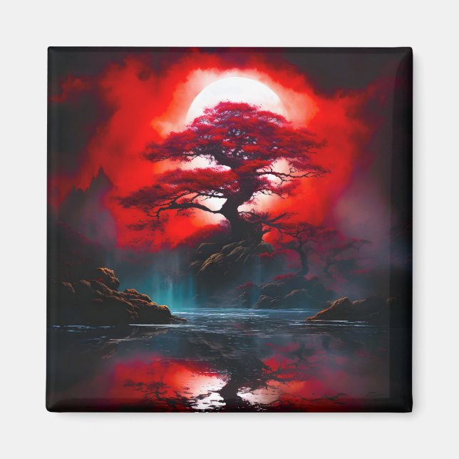 Mystischer roter Baum unter Vollmond Magnet (Vorne)