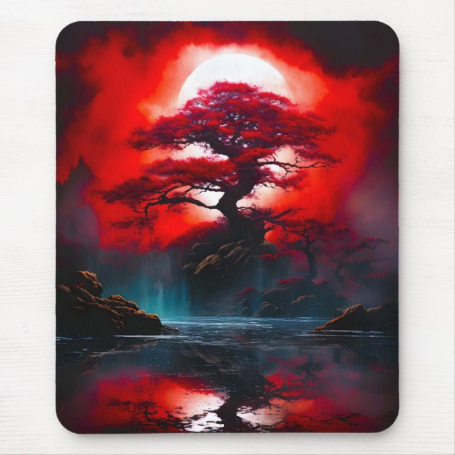 Mystischer roter Baum unter Vollmond Mousepad (Vorne)