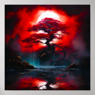 Mystischer roter Baum unter Vollmond Poster