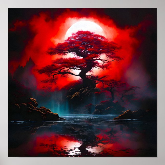 Mystischer roter Baum unter Vollmond Poster (Vorne)