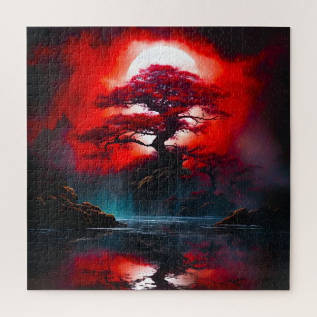 Mystischer roter Baum unter Vollmond Puzzle (Vertikal)