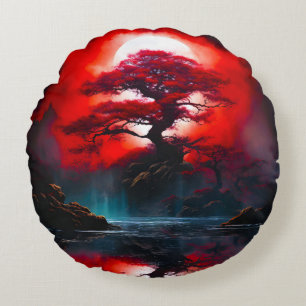 Mystischer roter Baum unter Vollmond Rundes Kissen