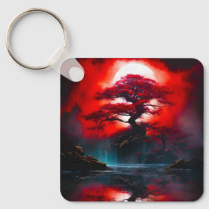 Mystischer roter Baum unter Vollmond Schlüsselanhänger