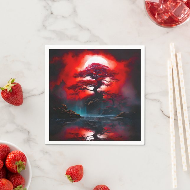 Mystischer roter Baum unter Vollmond Serviette (Beispiel)