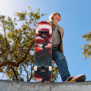 Mystischer roter Baum unter Vollmond Skateboard