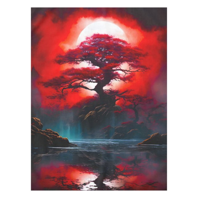 Mystischer roter Baum unter Vollmond Tischdecke (Vorderseite)