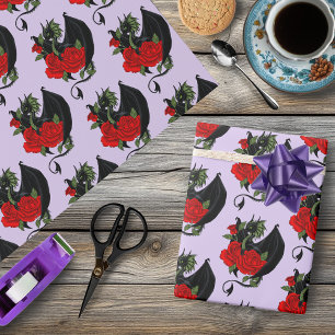Mystischer schwarzer Drache rote Rosen Lavendel Go Geschenkpapier