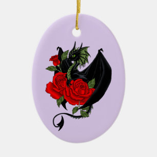 Mystischer schwarzer Drache rote Rosen Lavendel Go Keramik Ornament