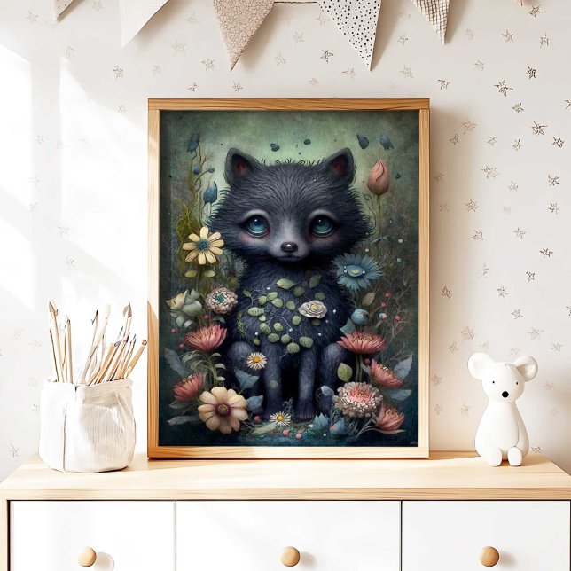 Mystischer Schwarzer Fuchs Kinderzimmer Wandkunst  Poster (Mystical Black Fox Nursery Wall Art Print by TinkPrints.)