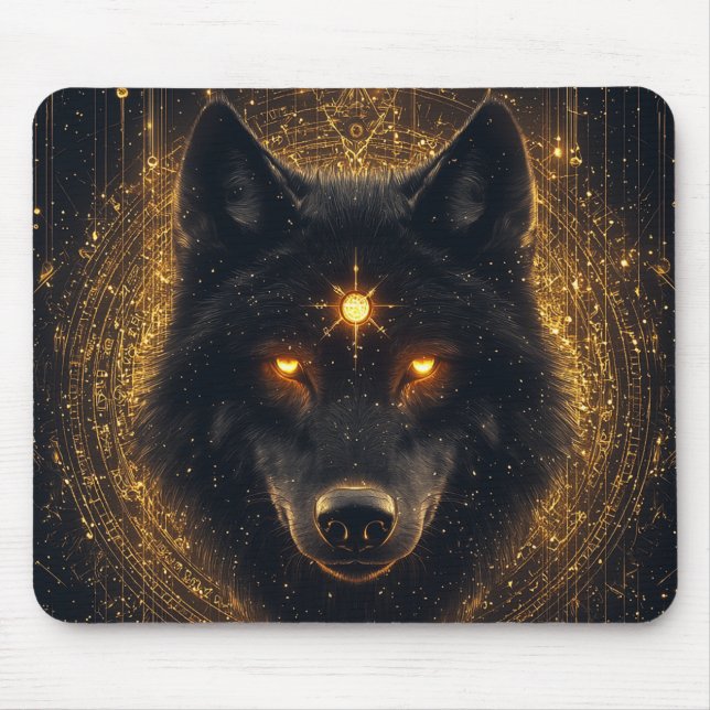 Mystischer schwarzer Wolf goldenes Sigil Mousepad (Vorne)
