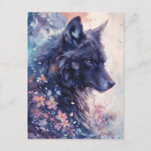 Mystischer schwarzer Wolf im rosa Blumenmeer Postkarte