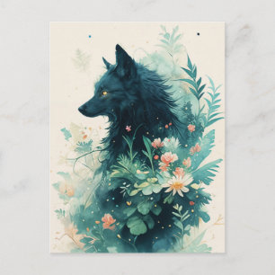 Mystischer Schwarzer Wolf im Türkisen Botanischen Postkarte