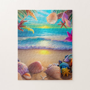 Mystischer Sonnenuntergang mit tropischer Blume Puzzle