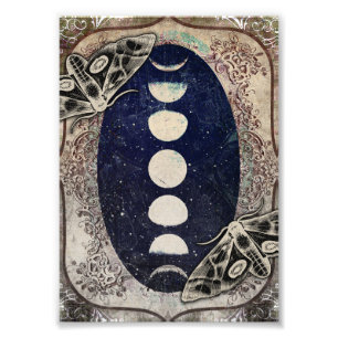 Mystischer Vintage-Mondphasen-Kunstprint mit Motte Fotodruck