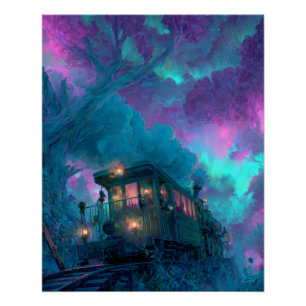 Mystischer Wald-Zug Lila Türkis Fantasy-Kunst Poster