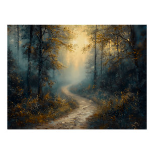 Mystischer Waldweg bei Morgendämmerung Poster