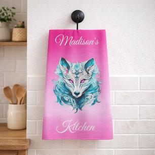 Mystischer Waldwolf Türkis Rosa  Geschirrtuch