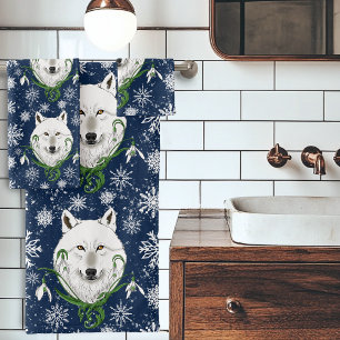 Mystischer Weißer Arktischer Wolf Winter Schneeglö Badhandtuch Set