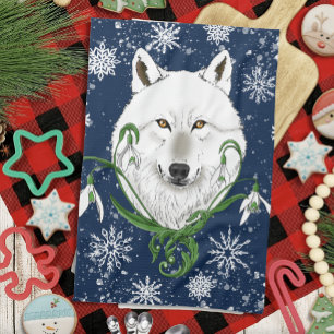 Mystischer Weißer Arktischer Wolf Winter Schneeglö Geschirrtuch