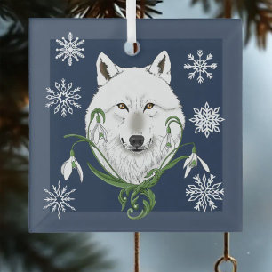 Mystischer Weißer Arktischer Wolf Winter Schneeglö Ornament Aus Glas