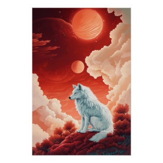 Mystischer weißer Wolf unter rotem Himmel Poster