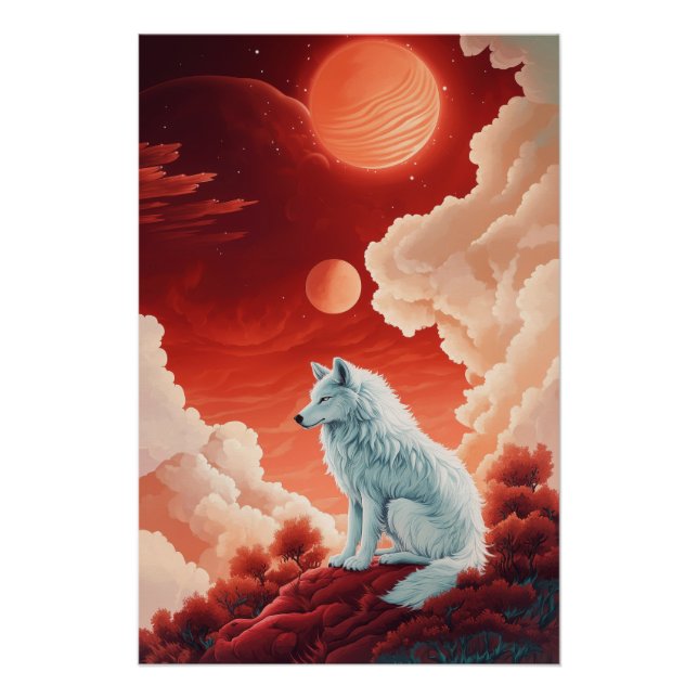 Mystischer weißer Wolf unter rotem Himmel Poster (Vorderseite)
