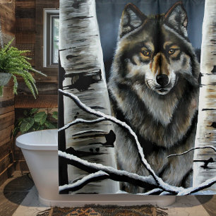 Mystischer Winter Alpha Wolf Birkenwald Wildnis Duschvorhang
