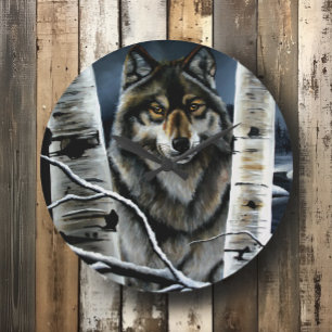 Mystischer Winter Alpha Wolf Birkenwald Wildnis Große Wanduhr