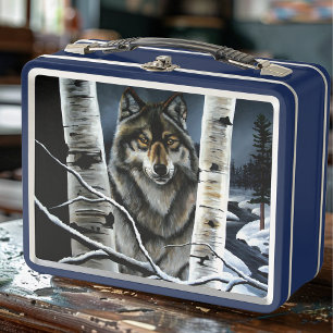 Mystischer Winter Alpha Wolf Birkenwald Wildnis Metall Brotdose
