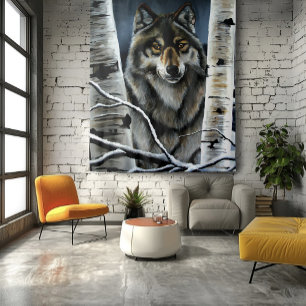 Mystischer Winter Alpha Wolf Birkenwald Wildnis Wandteppich