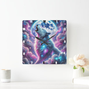 Mystischer Wolf, der unter dem dynamischen kosmisc Quadratische Wanduhr