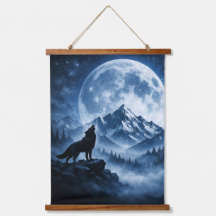 Mystischer Wolf in der Wildnis unter dem Mond Wandteppich Mit Holzrahmen