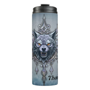 Mystischer Wolf Kopf. Thermosbecher