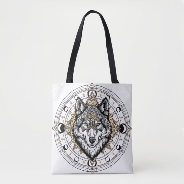 Mystischer Wolf Mandala Mondphasen Boho-Tasche (Vorderseite)