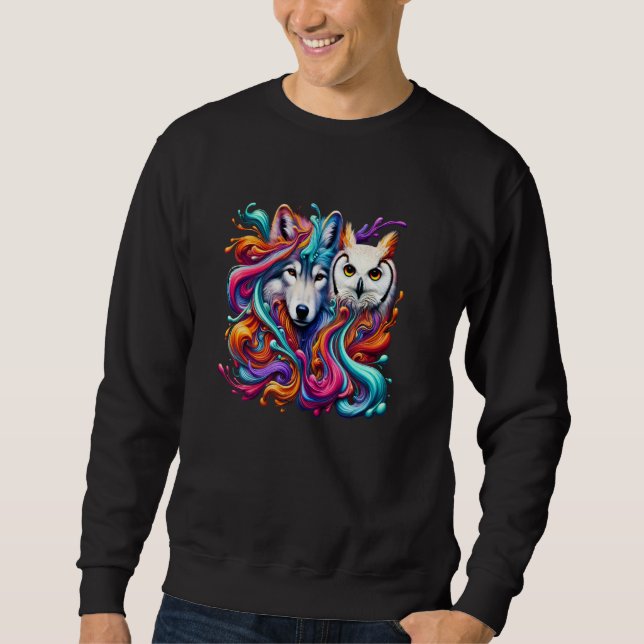 Mystischer Wolf und Eule Grafikdesign Sweatshirt (Vorderseite)