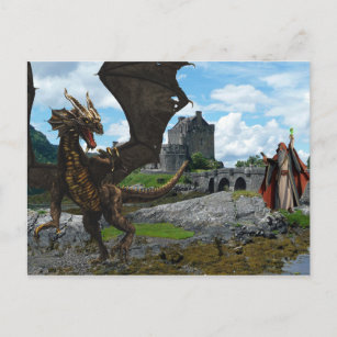 Mystischer Zauberer und Drachenburg Landschaft Postkarte