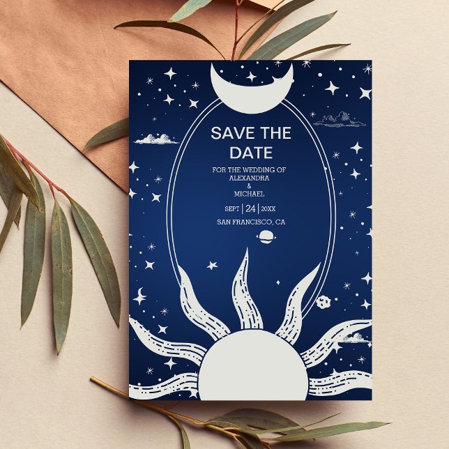 Mystisches Blau und Silver Sun Moon Wedding Save The Date (Von Creator hochgeladen)
