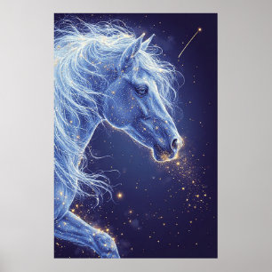 Mystisches blaues Einhorn im sternenklaren Nachthi Poster