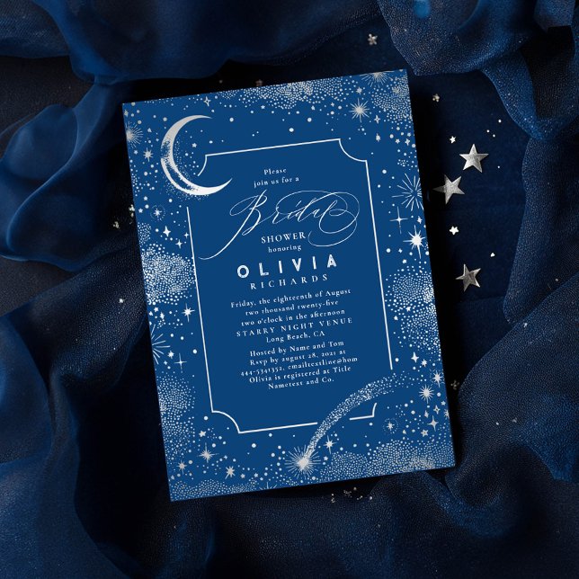 Mystisches Celestis-Brautparty Einladung (Celestial Bridal Shower Invitations featuring silver moon and stars on a navy blue background)