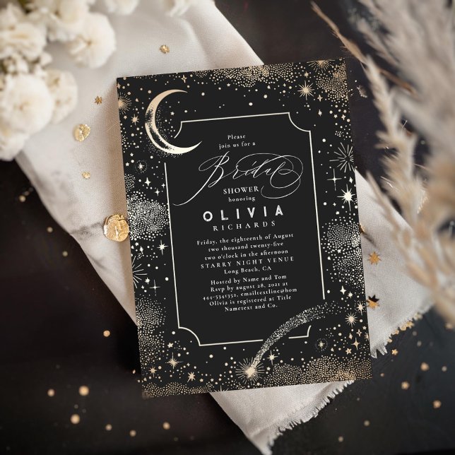 Mystisches Celestis-Brautparty Einladung (Moon and Stars Black Bridal Shower Invitations)