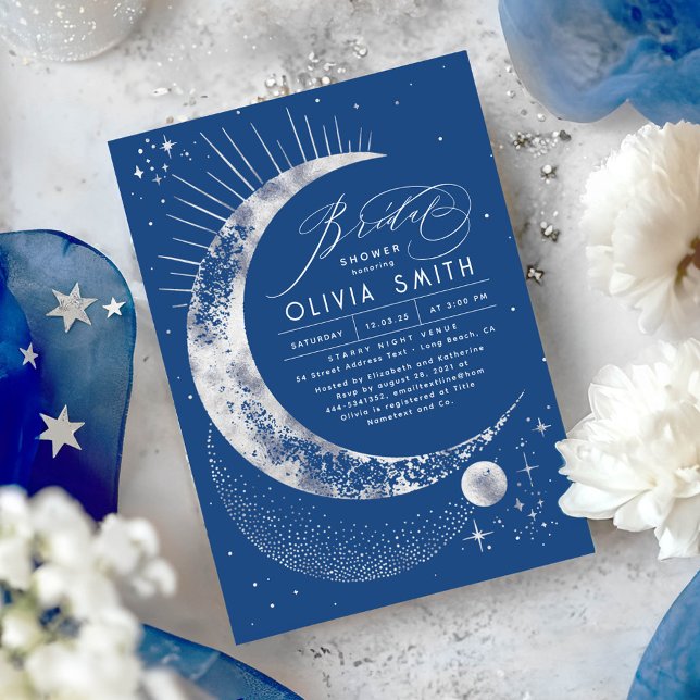 Mystisches Celestis-Brautparty Einladung (Celestial Bridal Shower Invitations in Navy Blue and Silver)