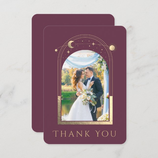 Mystisches Chic Pum Gold Star Moon Foto Hochzeit Dankeskarte (Vorne/Hinten)