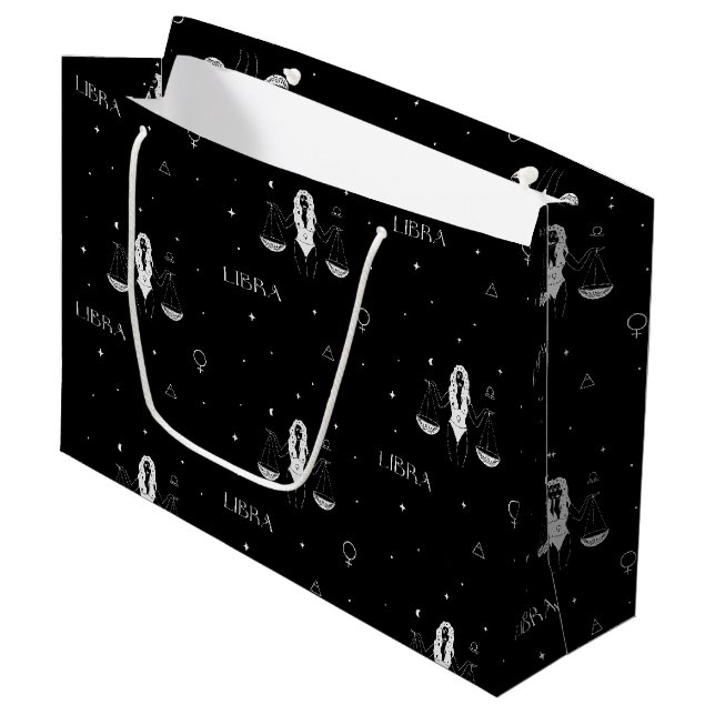Mystisches Libra-Sternzeichenmuster in Schwarz und Große Geschenktüte (Vorderseite Schrägansicht)