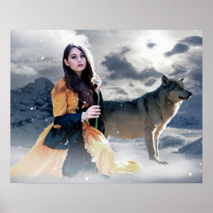 Mystisches Mädchen mit Wolf im Winter-Szenenposter Poster