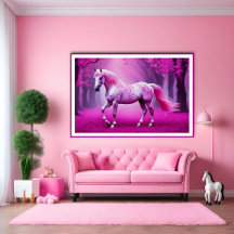 Mystisches rosa Pferd im Fantasy-Wald