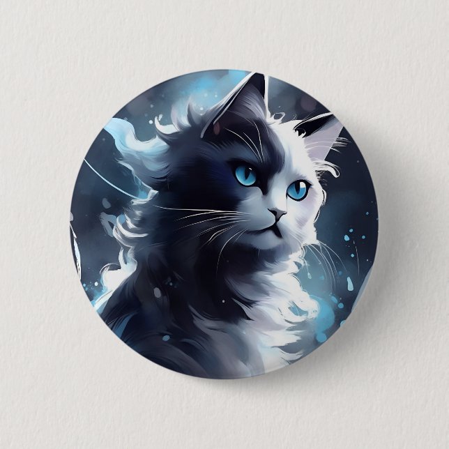 Mystisches Schwarz und Weiße Kitten | Wasserfarbka Button (Vorderseite)