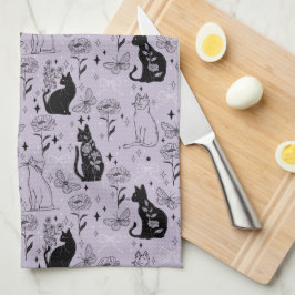 Mystisches Schwarzes Katzen- und Schmetterlingsmus Geschirrtuch
