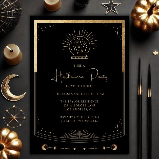 Mystisches Schwarzes Tarot - Einladung (Mystical Black & Gold Tarot Card Halloween Party Invitation Template)