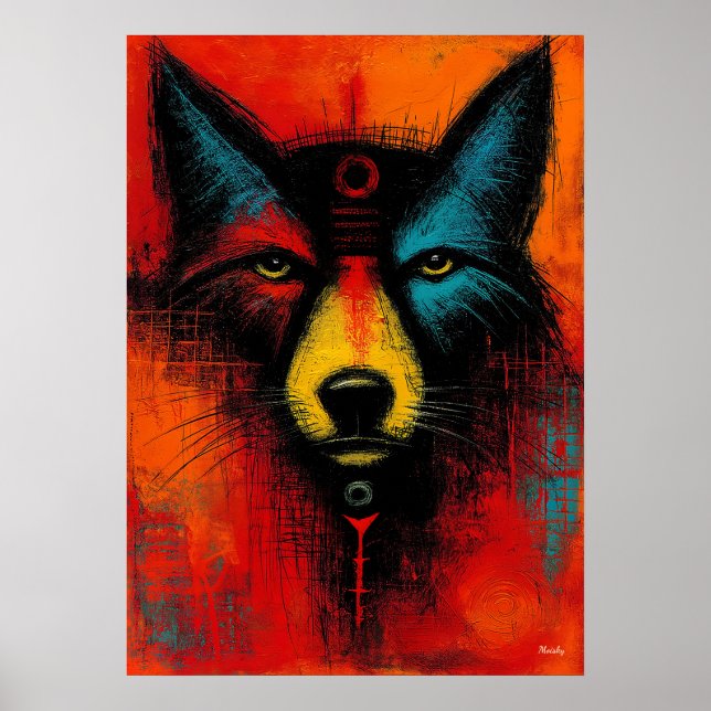 Mystisches Wolfsgesicht in Farbflächen Expressioni Poster (Vorne)