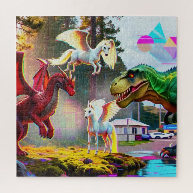 Mythical and Prehistoric Pegasus, Dragon, Dinosaur Puzzle (Vertikal)